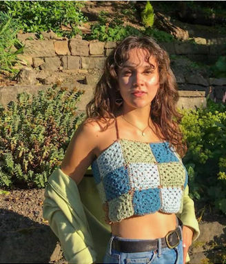 Girl in sustainable patchwork tie back top