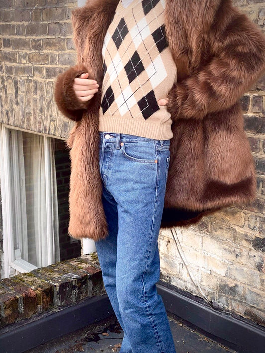 Man posing in sustainable jeans and fur coat 